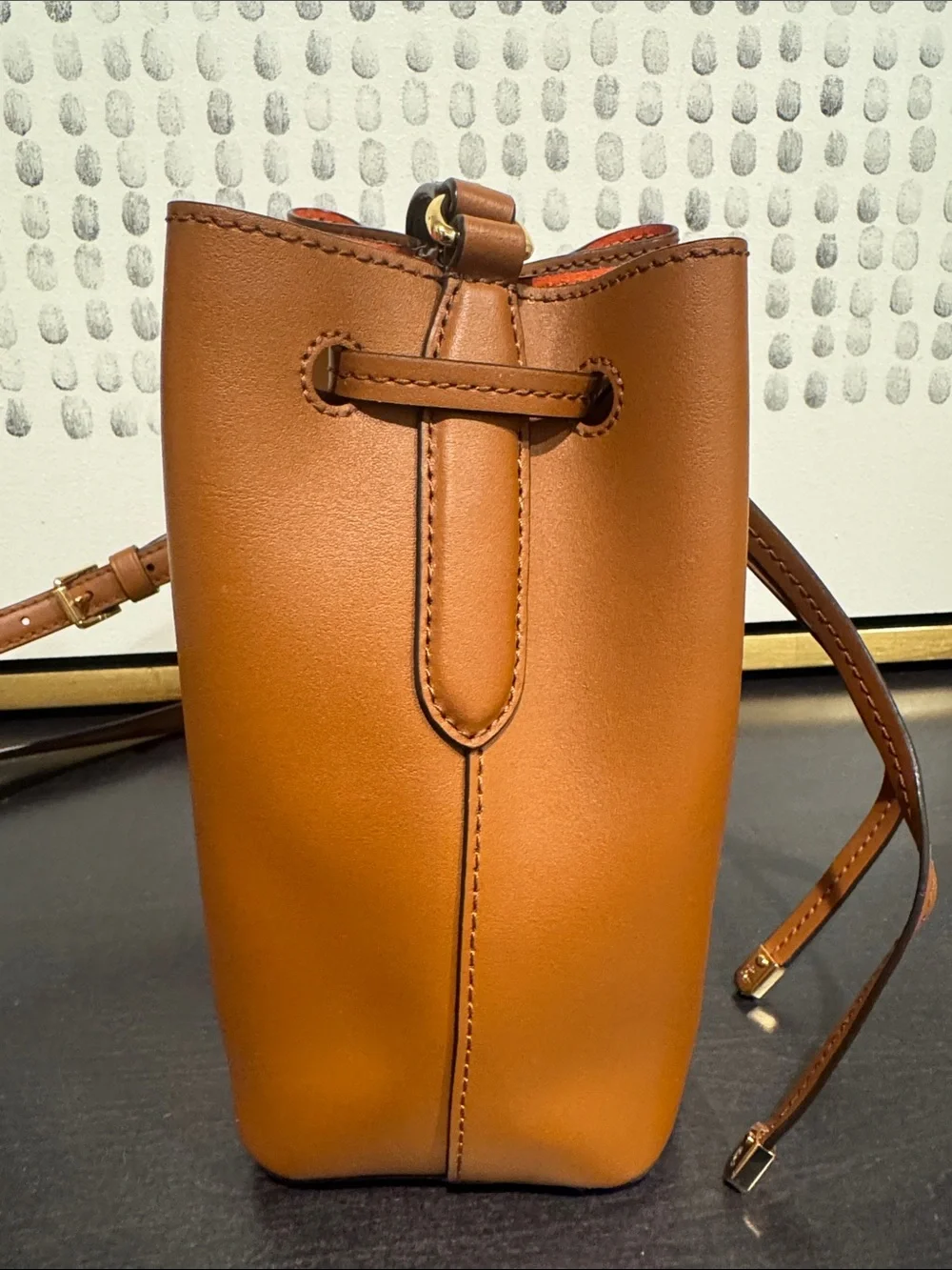 Ralph Lauren Brown Leather Drawstring Crossbody Bucket Bag